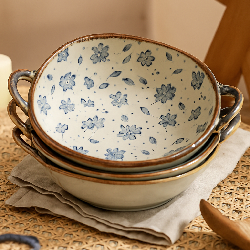 Handcrafted Japanese-Style Ceramic Bowl With Handles
