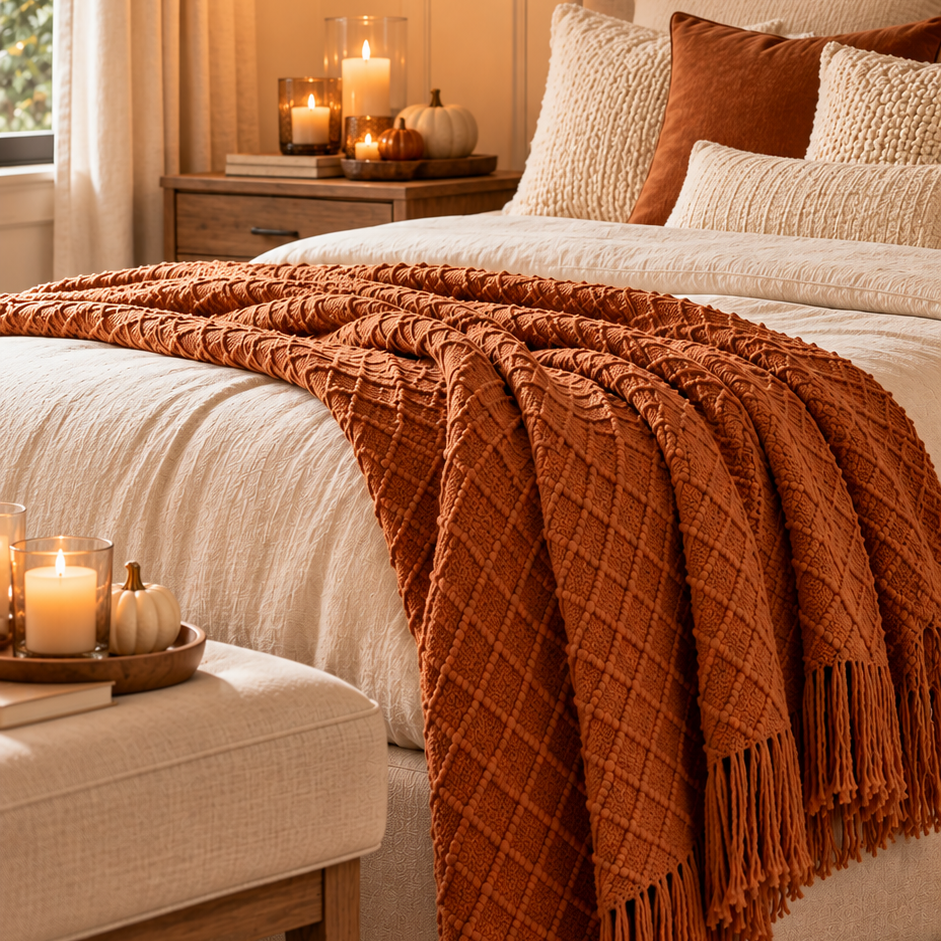 Caramel Textured Knitted Throw Blanket