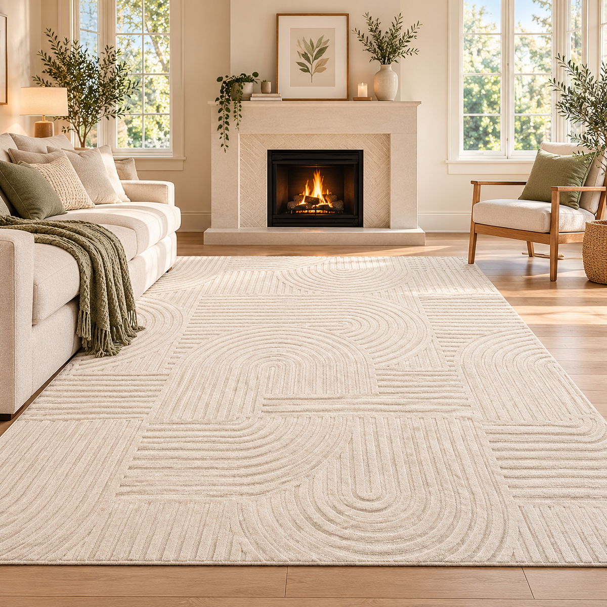 Beige Geometric Washable Area Rug