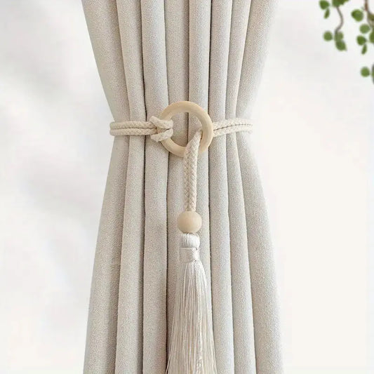Boho Cotton Curtain Tiebacks with Wooden Loop - 2pcs
