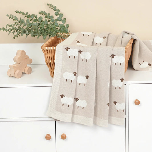 Soft Cotton knitted Baby Blanket – Neutral Sheep Print