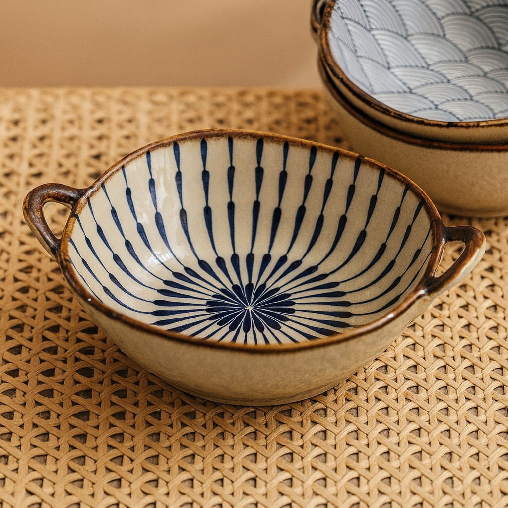 Handcrafted Japanese-Style Ceramic Bowl With Handles