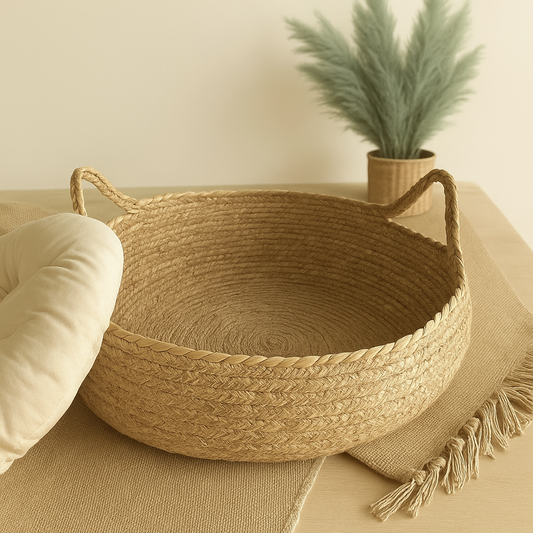 Handwoven Natural Rattan Cat Bed with Cushion