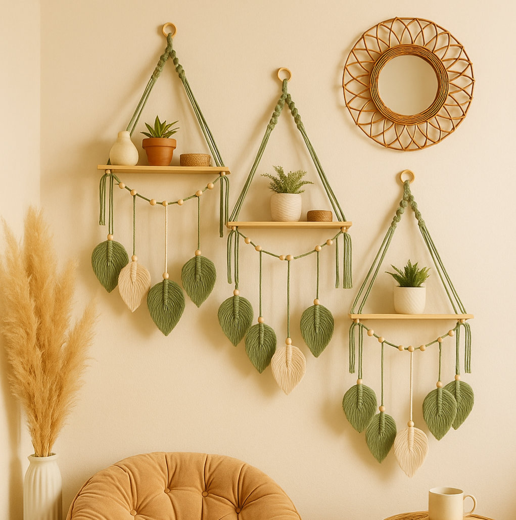 Boho Leaf Macramé Hanging Shelf