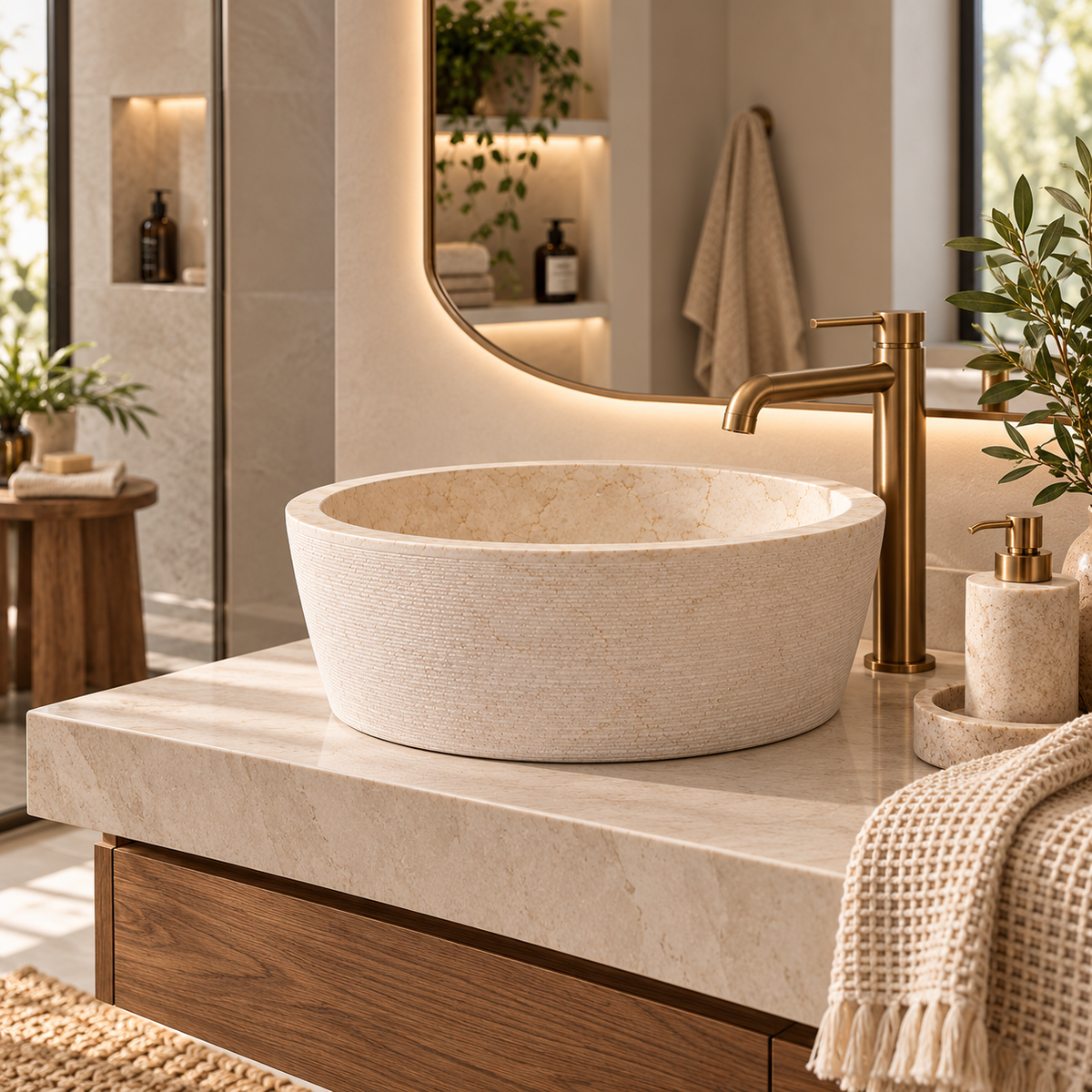 Cream Round Marble Countertop Basin