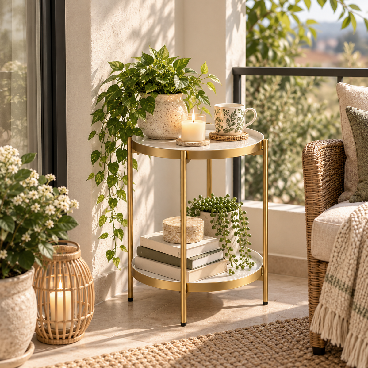 Gold & White Round 2-Tier Side Table