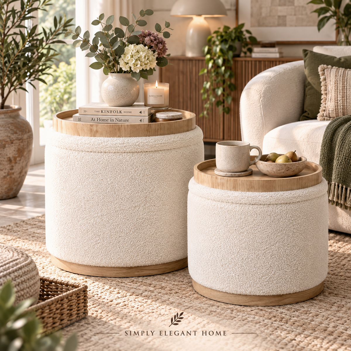 Cream Bouclé Storage Ottoman Set with Wooden Trays
