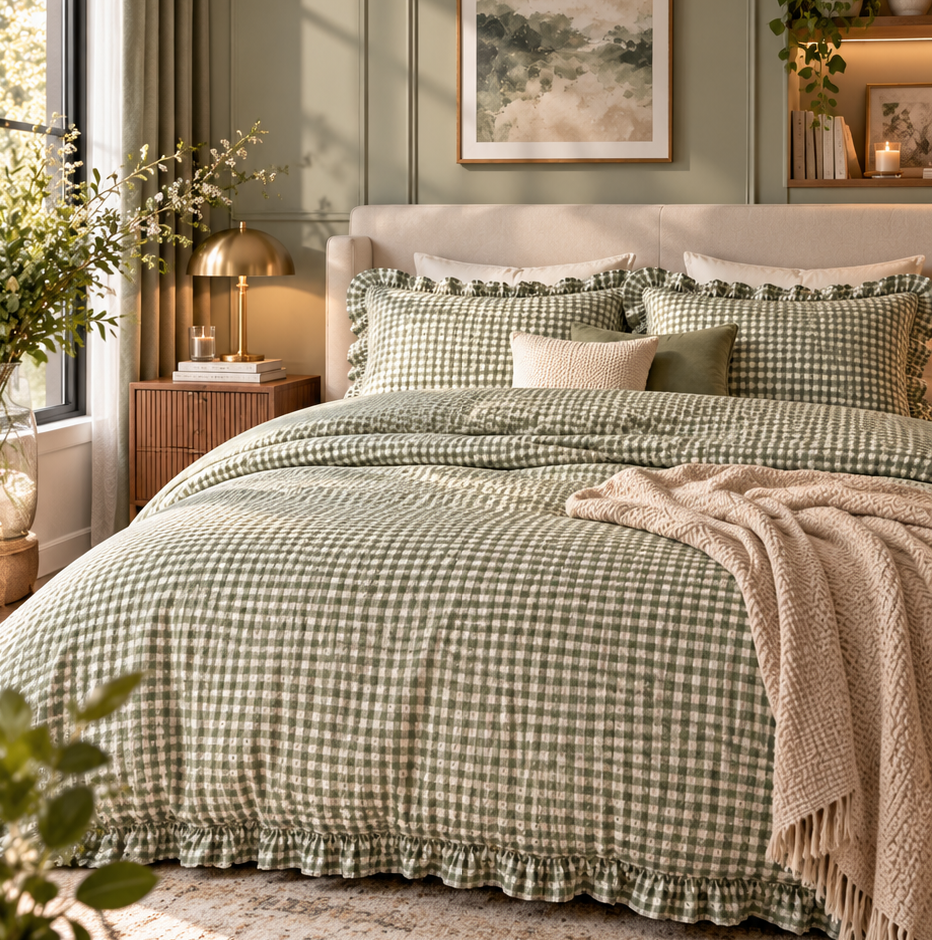 Sage Gingham Ruffle Duvet Cover Set