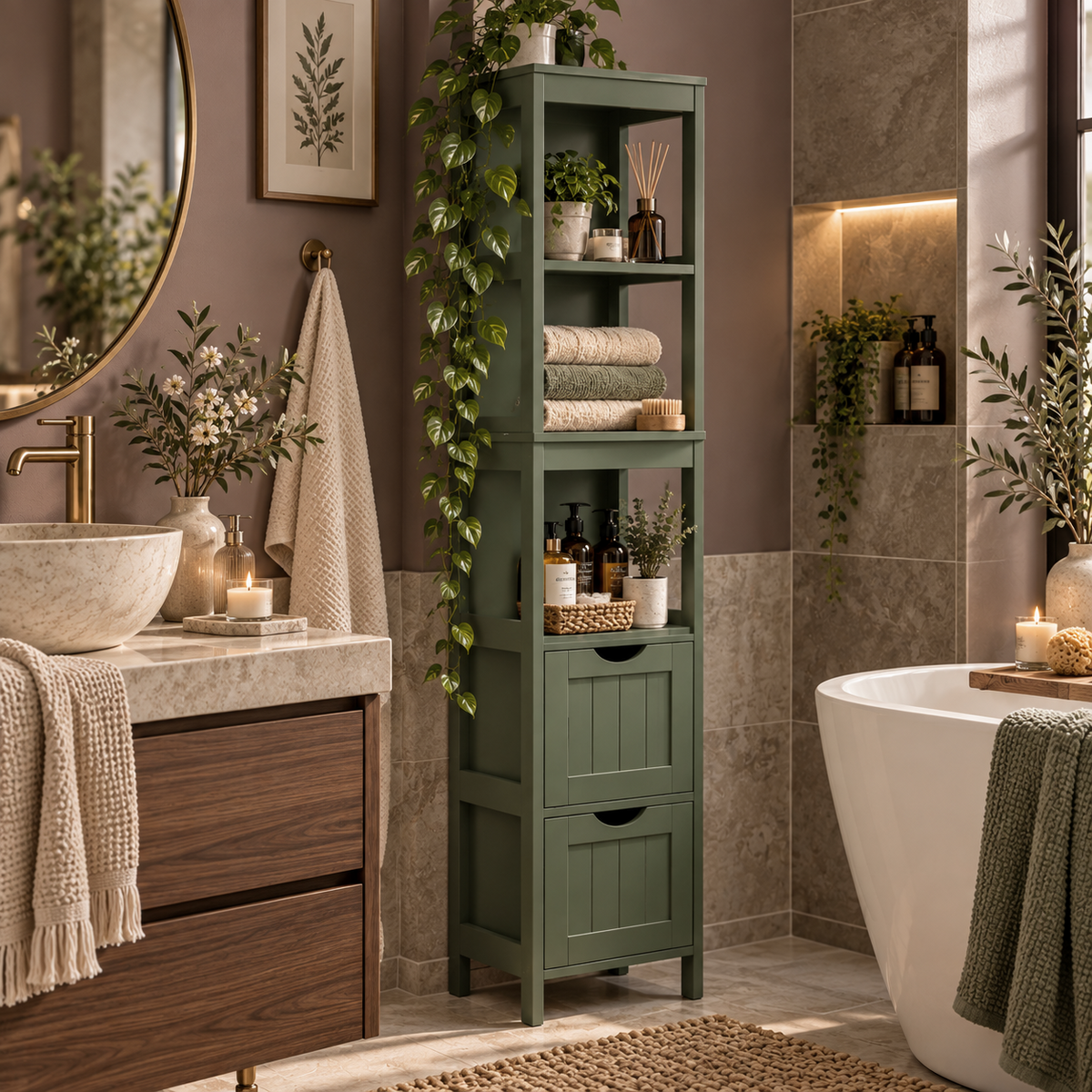 Forest Green Tall Bathroom Storage Cabinet