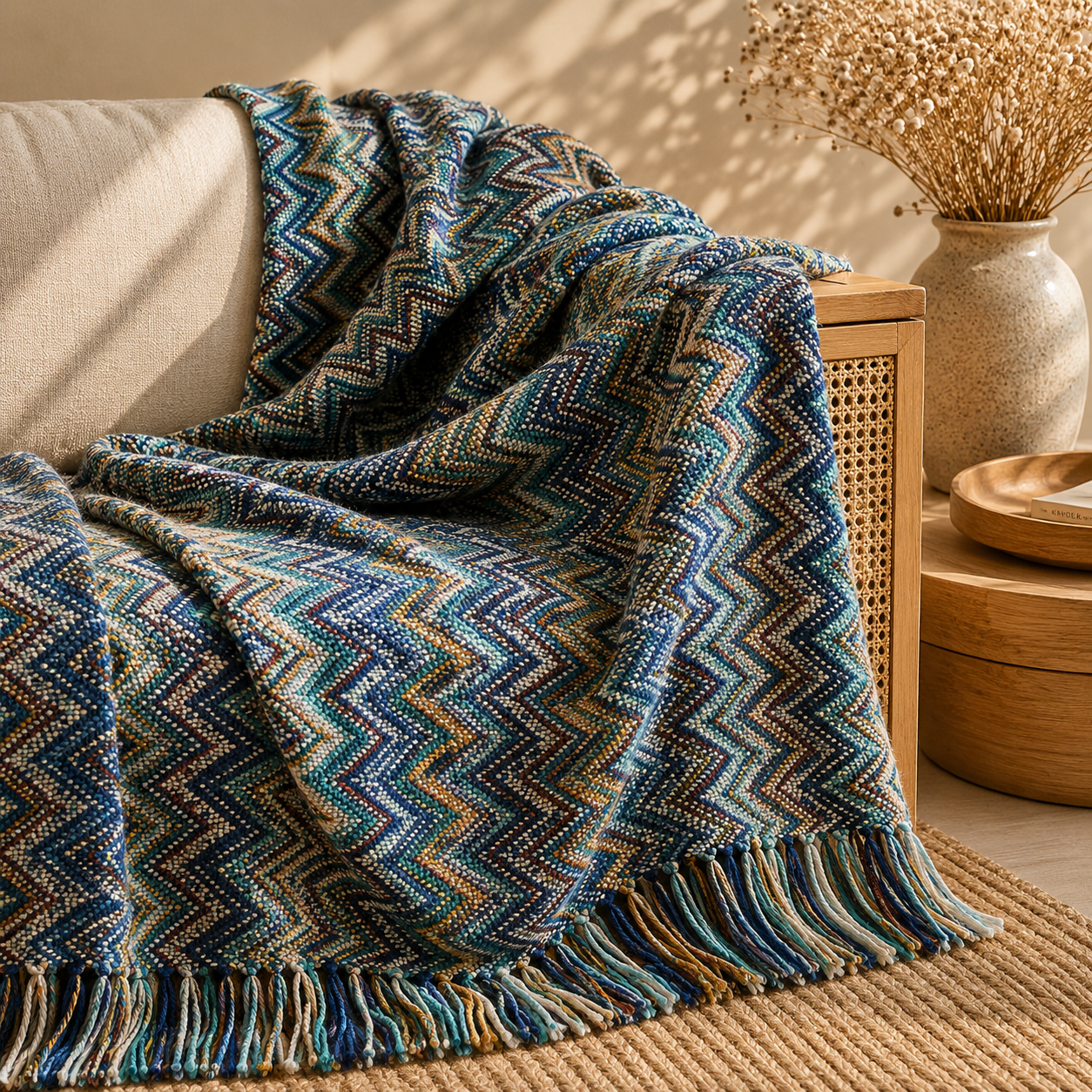 Knitted Chevron Boho Throw Blanket – Soft Tassel Fringe
