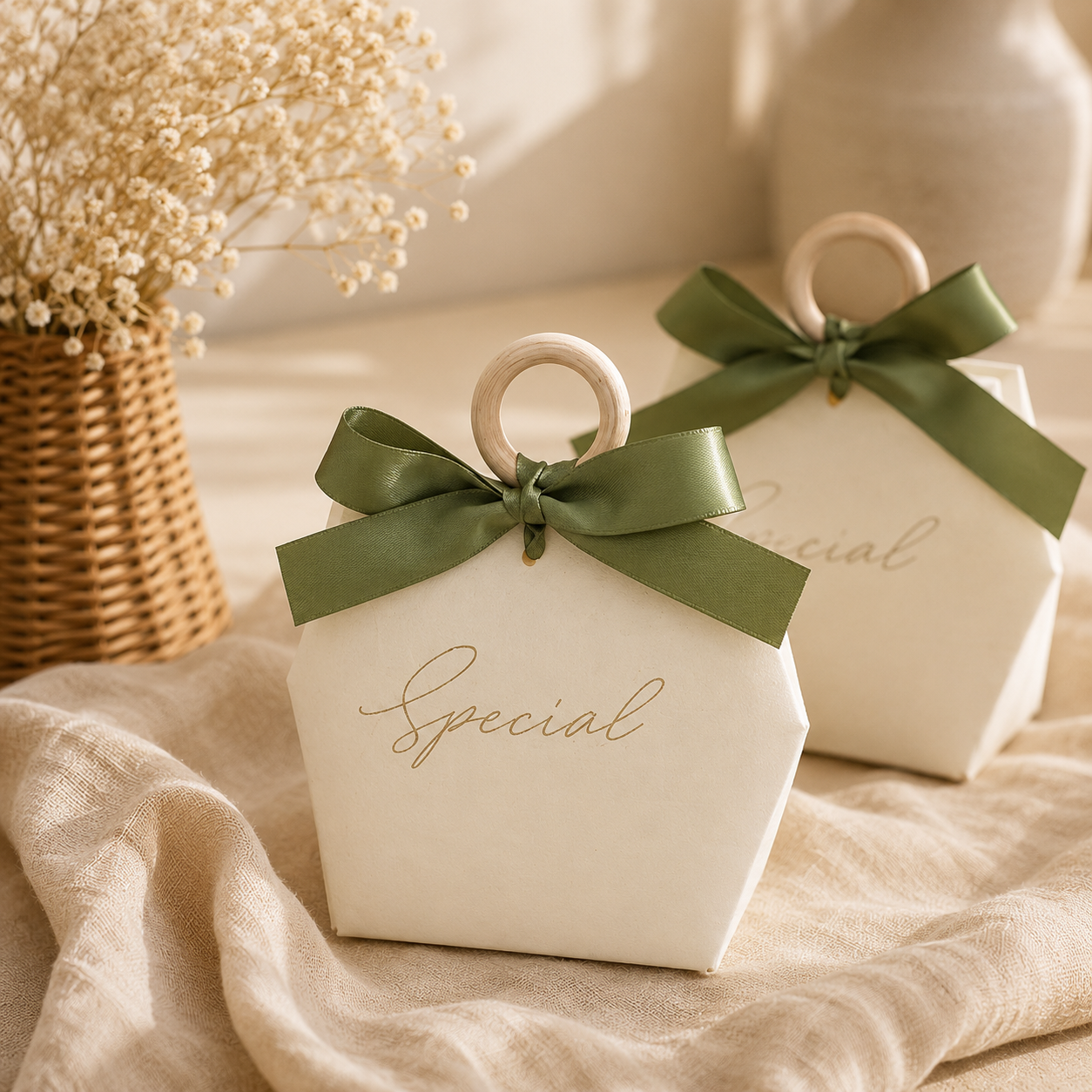 Mini Gift Bags With Olive Ribbon Set Of 5