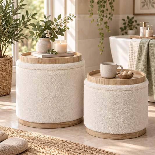Cream Bouclé Storage Ottoman Set with Wooden Trays