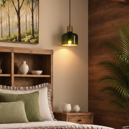 Green Glass & Brushed Gold Pendant Light