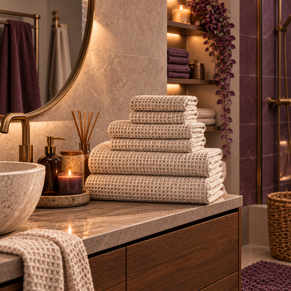 Beige Waffle Bath Towel Set