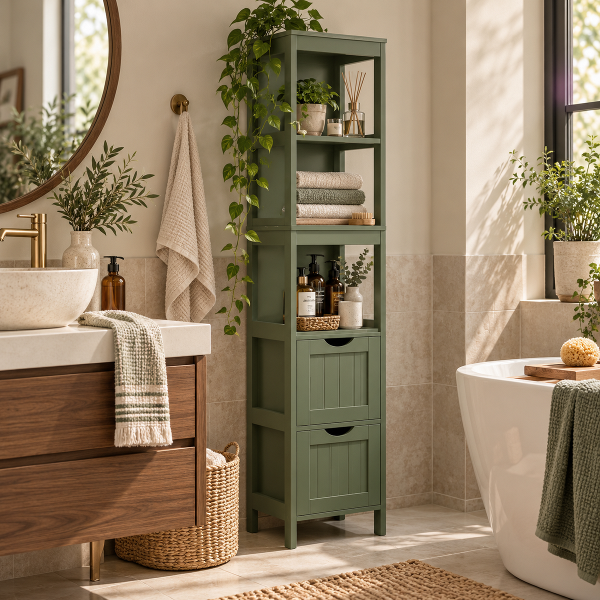 Forest Green Tall Bathroom Storage Cabinet