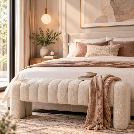 Beige Upholstered Linen Bench