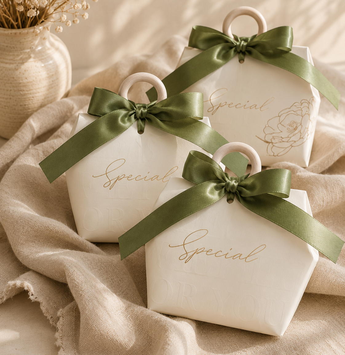 Mini Gift Bags With Olive Ribbon Set Of 5