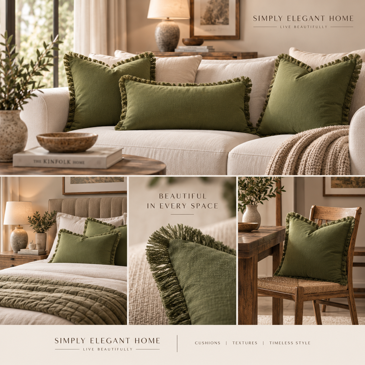 Moss Green Fringed Linen Cushion Covers
