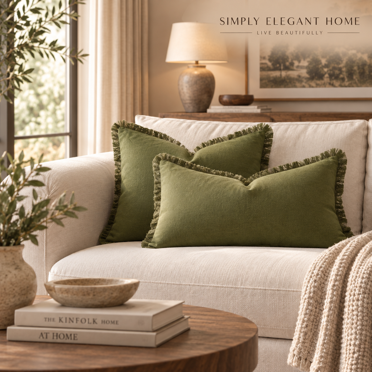 Moss Green Fringed Linen Cushion Covers