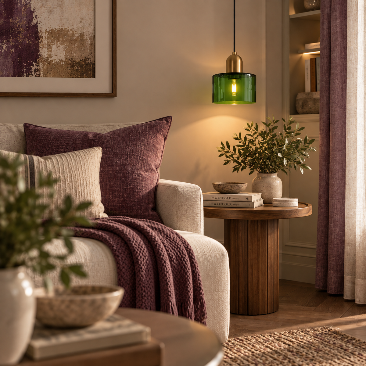 Green Glass & Brushed Gold Pendant Light