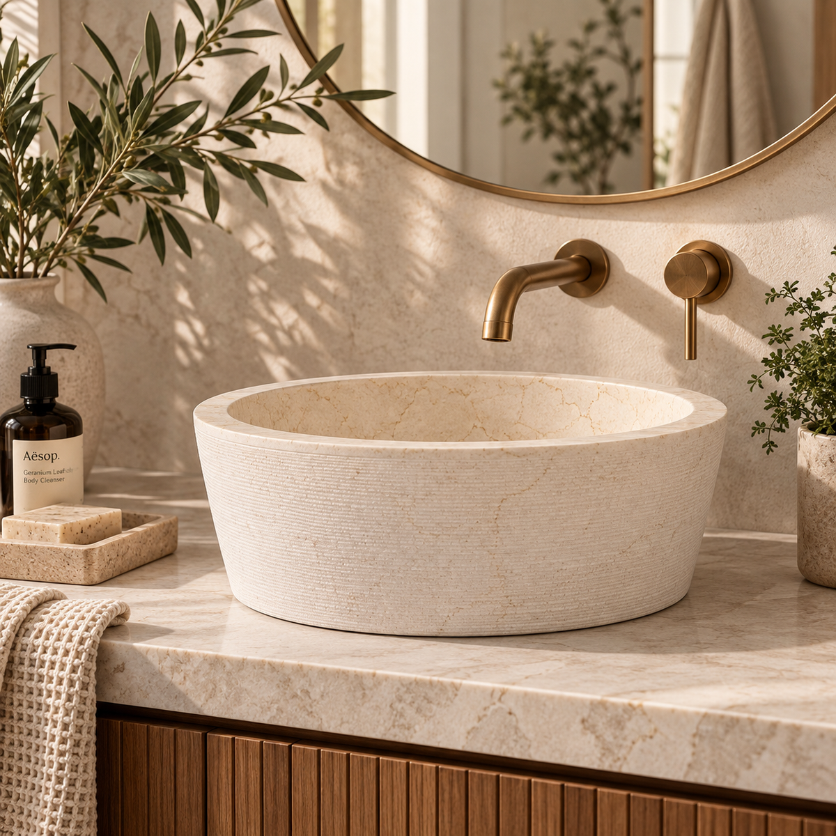 Cream Round Marble Countertop Basin