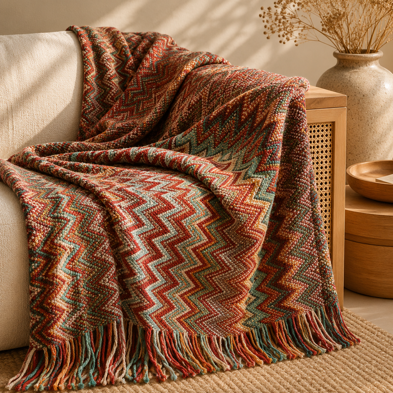 Knitted Chevron Boho Throw Blanket – Soft Tassel Fringe