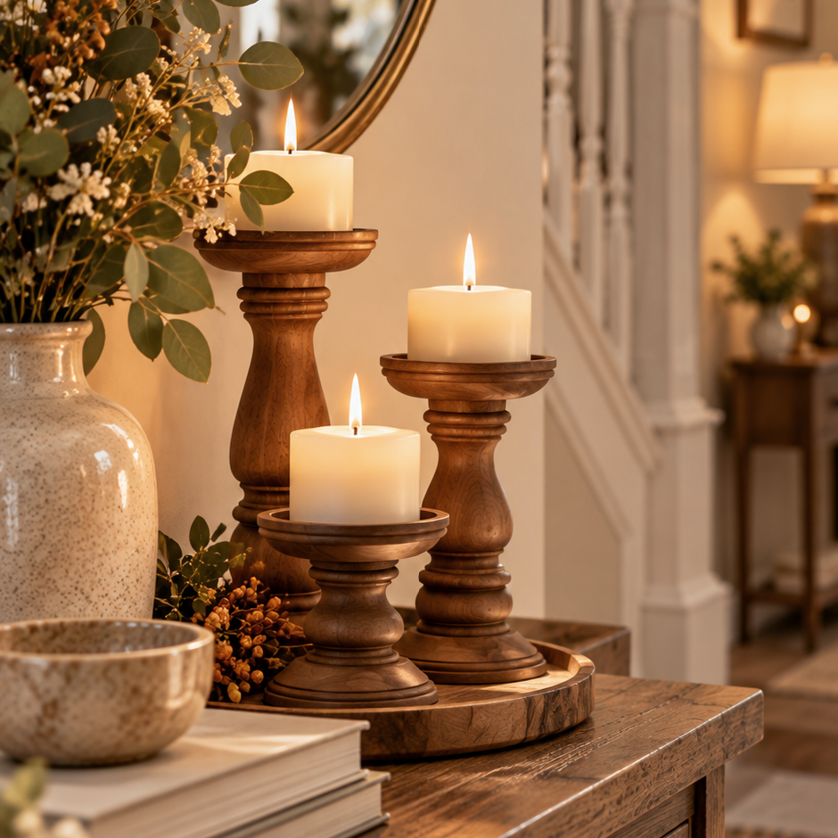Rustic Wooden Pillar Candle Holders
