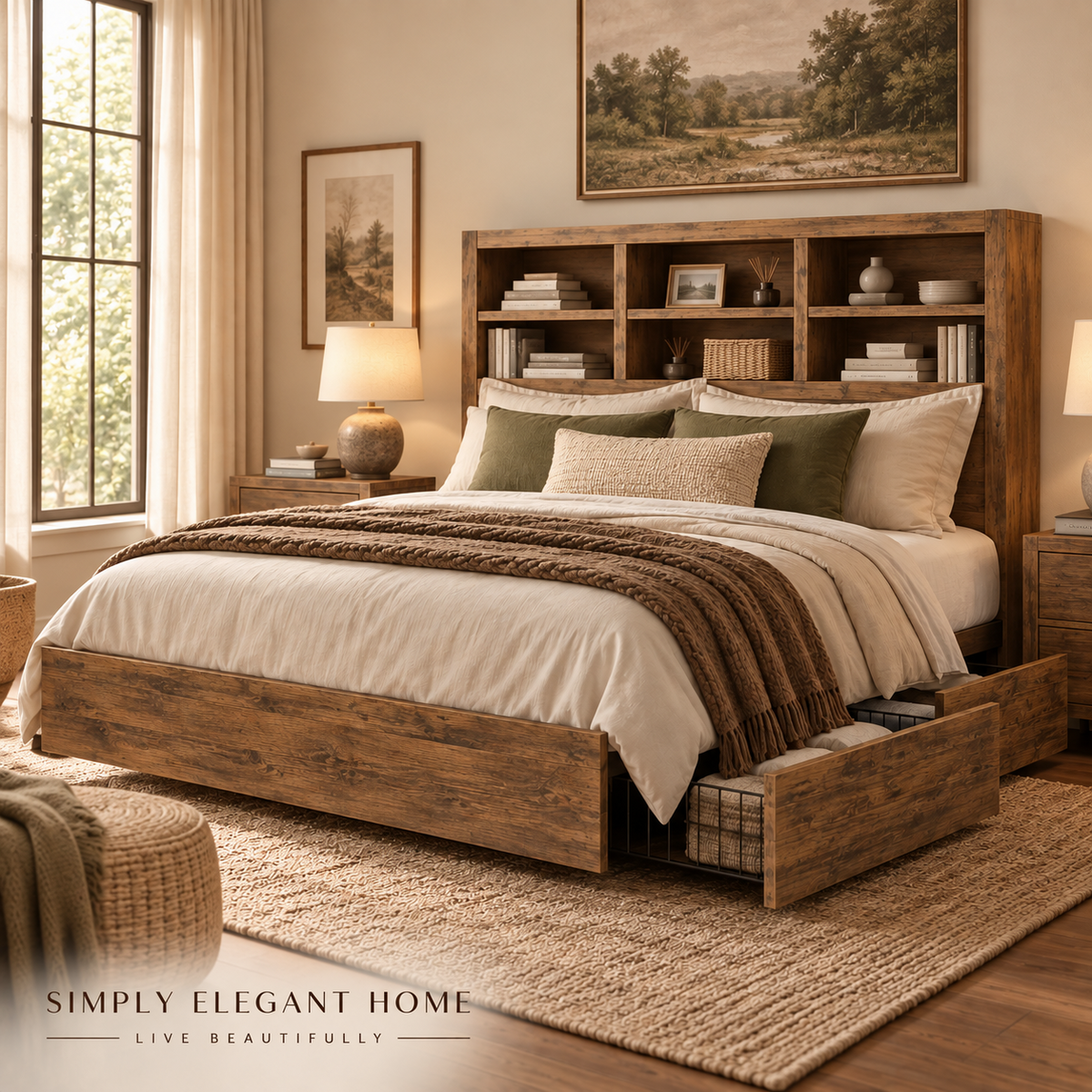 Rustic Wooden Storage Bed with Bookcase Headboard