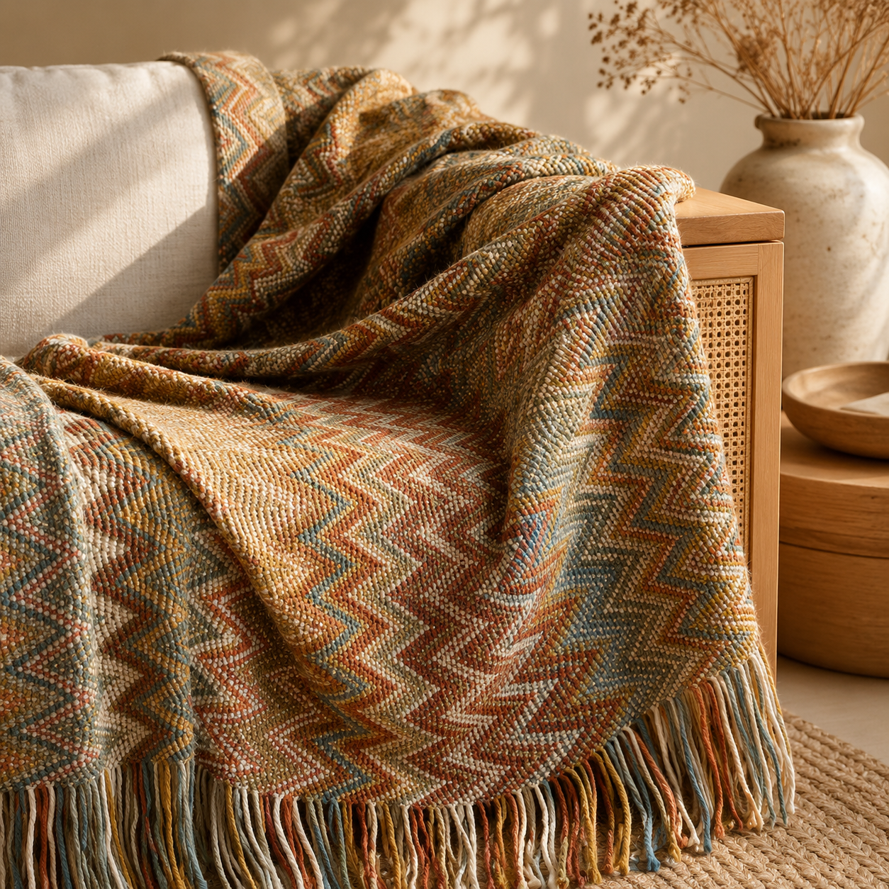 Knitted Chevron Boho Throw Blanket – Soft Tassel Fringe