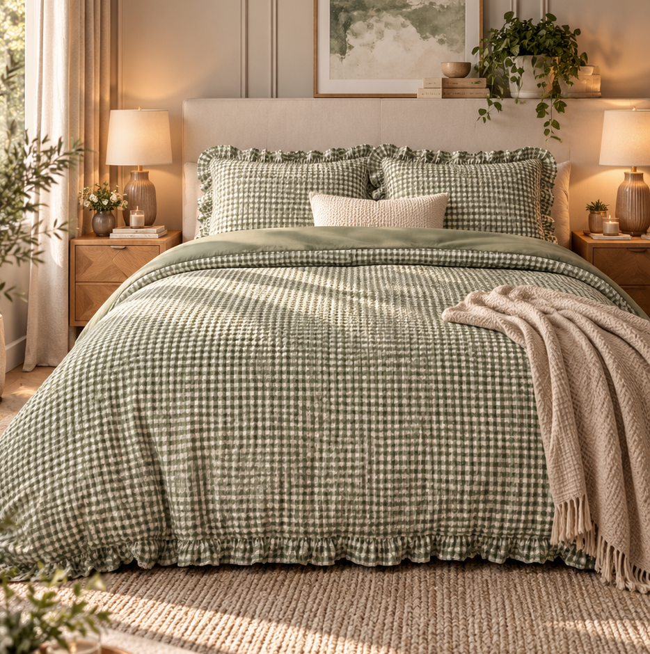 Sage Gingham Ruffle Duvet Cover Set