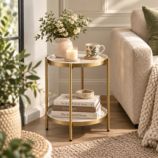 Gold & White Round 2-Tier Side Table